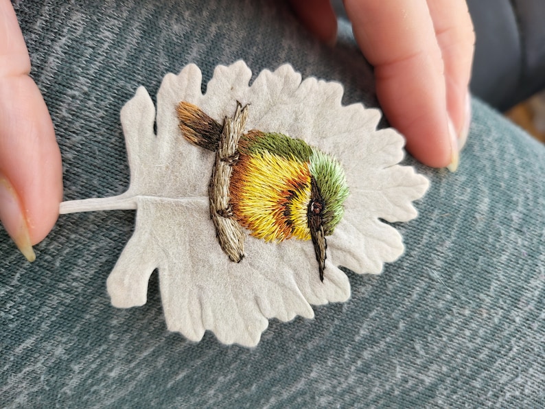 Miniature hand embroidered bee eater thread painting stitched onto a leaf original art piece image 10