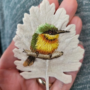 Miniature hand embroidered bee eater thread painting stitched onto a leaf original art piece image 9