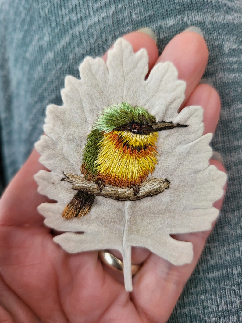 Miniature hand embroidered bee eater thread painting stitched onto a leaf original art piece image 9