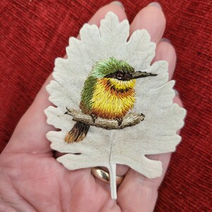 Miniature hand embroidered bee eater thread painting stitched onto a leaf original art piece image 7