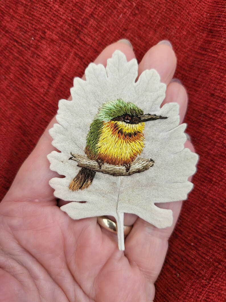 Miniature hand embroidered bee eater thread painting stitched onto a leaf original art piece image 7