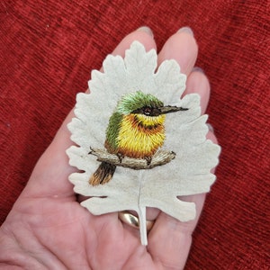 Miniature hand embroidered bee eater thread painting stitched onto a leaf original art piece image 8