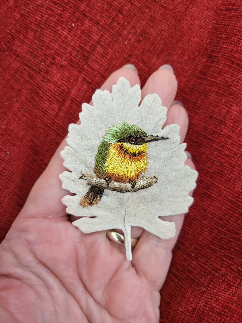 Miniature hand embroidered bee eater thread painting stitched onto a leaf original art piece image 8