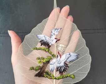 Miniature hand embroidered cranes on a real bodhi skeleton leaf original piece mounted and framed