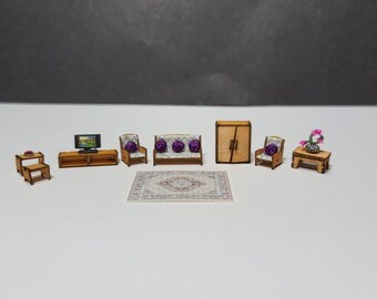 MADE TO ORDER Micro 1:144th scale 1/144 scale lounge set, 3 piece suite cabinet with plates nesting tables tv stand  with flowers,cotton rug