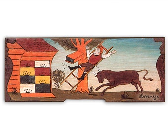 Pannello dell'alveare sloveno: dipinto di arte popolare, divertente scena di apicoltura