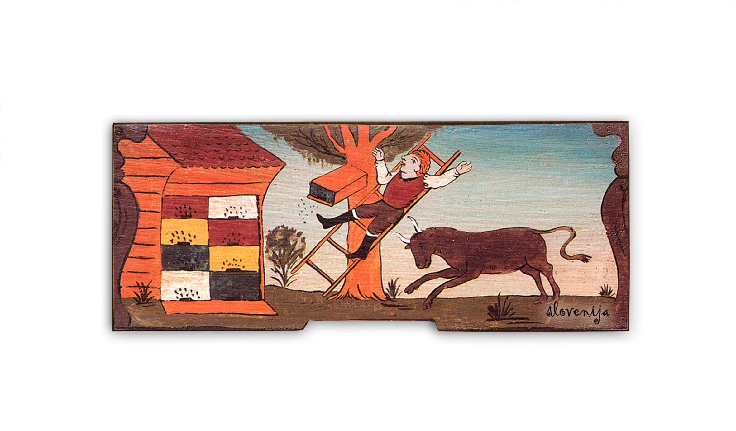 Slovenian Beehive Panel: Folk Art Painting, Funny Beekeeping Scene