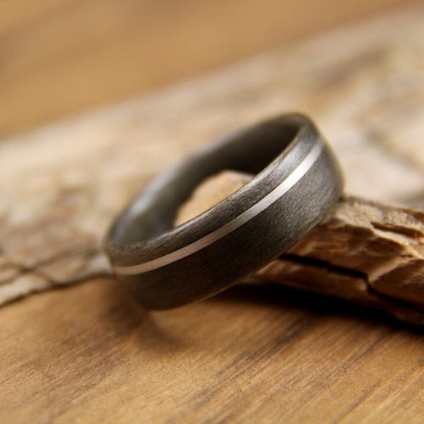 Wooden Ring Grey Maple with Offset Sterling Silver Wire Inlay Bentwood Ring