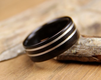 Ebony Wood with Double Offset Sterling Silver Wire Inlay Bentwood Ring