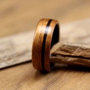 Hawaiian Koa lined with Ebony and Ebony Inlay Handcrafted Bentwood Wooden Ring