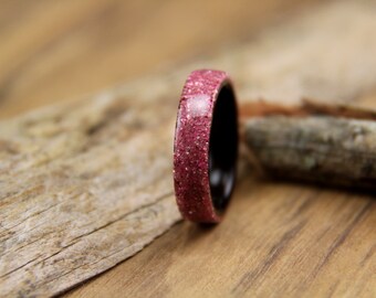 Wood Ring - Size 5.5 - Ebony with Pink German Glass Glitter Overlay - Ready To Ship Breast Cancer Awareness Ring