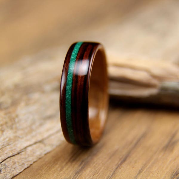 Kingwood lined with Koa and Offset Malachite Inlay- Handcrafted Bentwood Wooden Ring