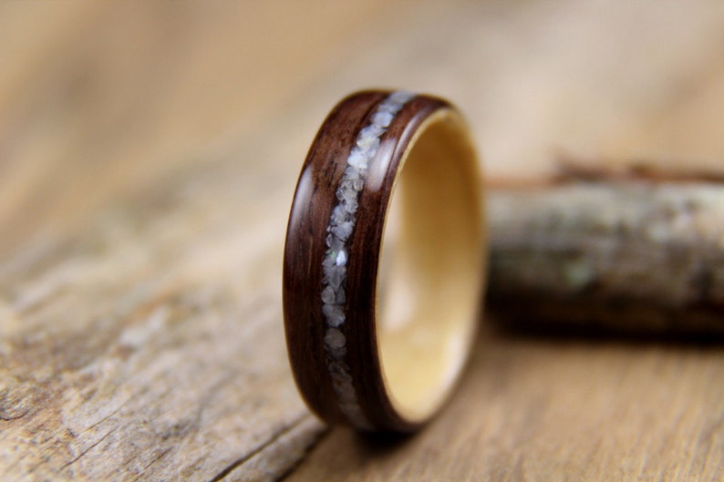 Wood Ring Size 7.25 East Indian Rosewood with Maple Liner and Offset Mother of Pearl Inlay Ready To Ship Handcrafted Wooden Ring image 1