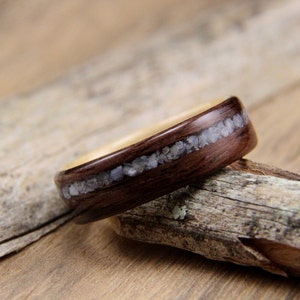Wood Ring Size 7.25 East Indian Rosewood with Maple Liner and Offset Mother of Pearl Inlay Ready To Ship Handcrafted Wooden Ring image 2