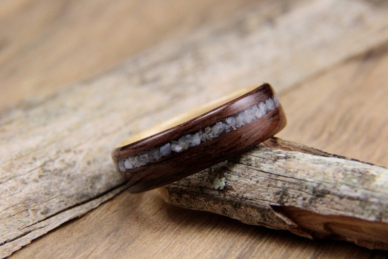 Wood Ring Size 7.25 East Indian Rosewood with Maple Liner and Offset Mother of Pearl Inlay Ready To Ship Handcrafted Wooden Ring image 2