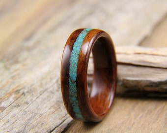Santos Rosewood with Turquoise Inlay Bentwood Ring Handcrafted wood ring