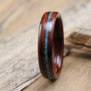 Kingwood with Offset Turquoise Inlay Bentwood Ring Handcrafted Wooden Ring