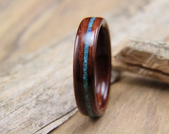 Kingwood with Offset Turquoise Inlay Bentwood Ring Handcrafted Wooden Ring