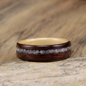 Wood Ring Size 7.25 East Indian Rosewood with Maple Liner and Offset Mother of Pearl Inlay Ready To Ship Handcrafted Wooden Ring image 3