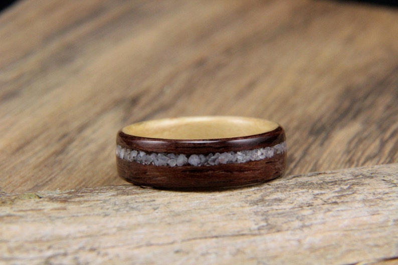 Wood Ring Size 7.25 East Indian Rosewood with Maple Liner and Offset Mother of Pearl Inlay Ready To Ship Handcrafted Wooden Ring image 3