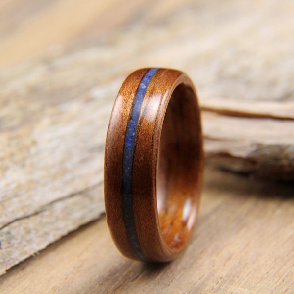 Hawaiian Koa with Lapis Lazuli Inlay Bentwood Ring Handcrafted Wooden Ring