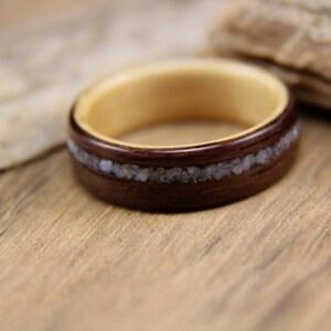 Wood Ring Size 7.25 East Indian Rosewood with Maple Liner and Offset Mother of Pearl Inlay Ready To Ship Handcrafted Wooden Ring image 4