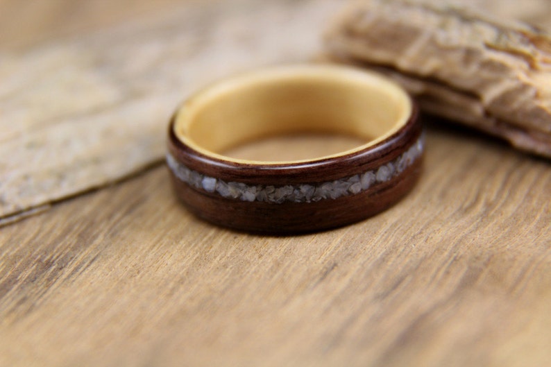 Wood Ring Size 7.25 East Indian Rosewood with Maple Liner and Offset Mother of Pearl Inlay Ready To Ship Handcrafted Wooden Ring image 4