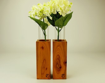 Wooden vases pair with glass of cherry wood, natural decoration, vasepair of natural material, flower decoration for indoors, natural vases