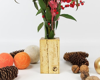 Kurze Holzvase aus Buchenholz mit Glaseinsatz, Holzquader mit Glaszylinder für Blumenstrauß, Holzdekoration für Drinnen von orangewood