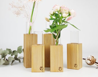 Wooden vases made of beech wood with a glass insert, simple wooden decoration made from natural materials, indoor table vases, natural product