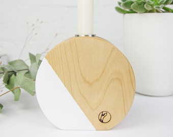 Candlestick 'BALI' made of wood with stainless steel insert in white, spring decoration, minimalistically elegant candlestick made of bright maple