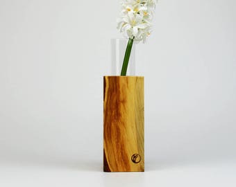 Wild cherry wood vase with glass, cherry wood, nature design, natural decoration, cherry vase, natural gift, wooden box, glass cylinder, table decoration