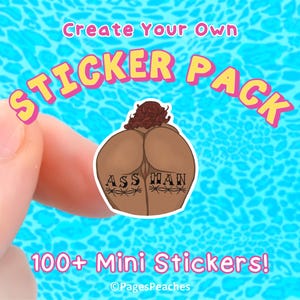 May include: A die-cut sticker featuring a brown-skinned figure with dark curly hair, displaying the text "ASS MAN" in black lettering with barbed wire accents across the lower back. The sticker is held against a bright blue leopard print background.