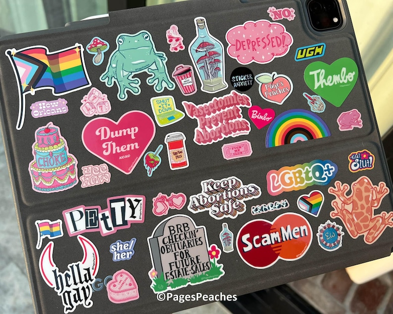 a variety of stickers on a laptop, including a rainbow flag, a frog, a mushroom, and other colorful and diverse stickers.
