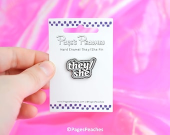 Hard Enamel They/She Pin LGBTQ Pronoun Pin for Work SILVER