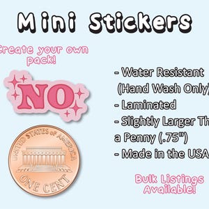 The image is a promotional graphic for a product called "Mini Stickers". It features a one-cent coin and a sticker, along with text providing information about the product.