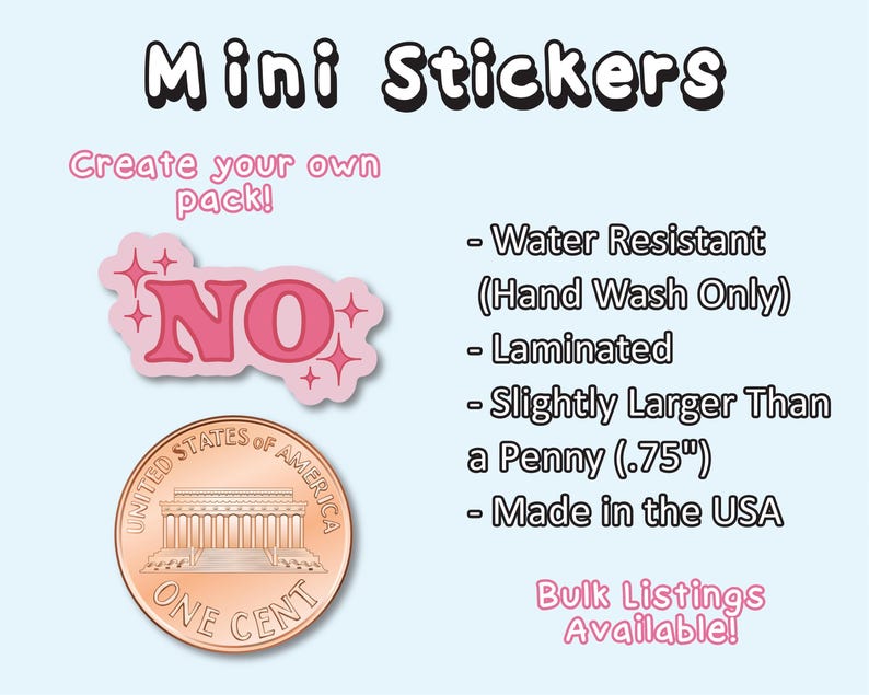 The image is a promotional graphic for a product called "Mini Stickers". It features a one-cent coin and a sticker, along with text providing information about the product.
