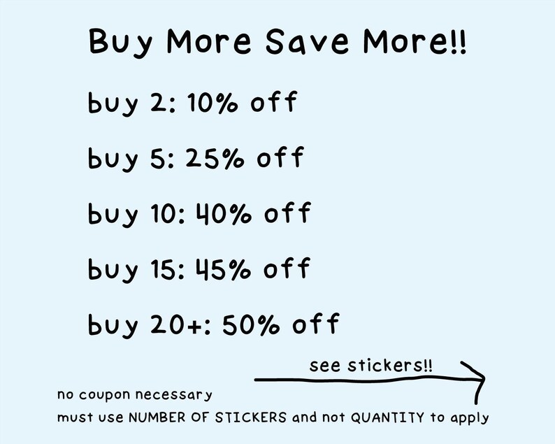 The image is a list of discounts and sale prices for various sticker purchases, with a note that no coupon is necessary to apply the discounts, but must use a specific number of stickers and not quantity.