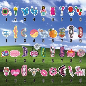 a collection of stickers with various designs and text, arranged in a grid format.