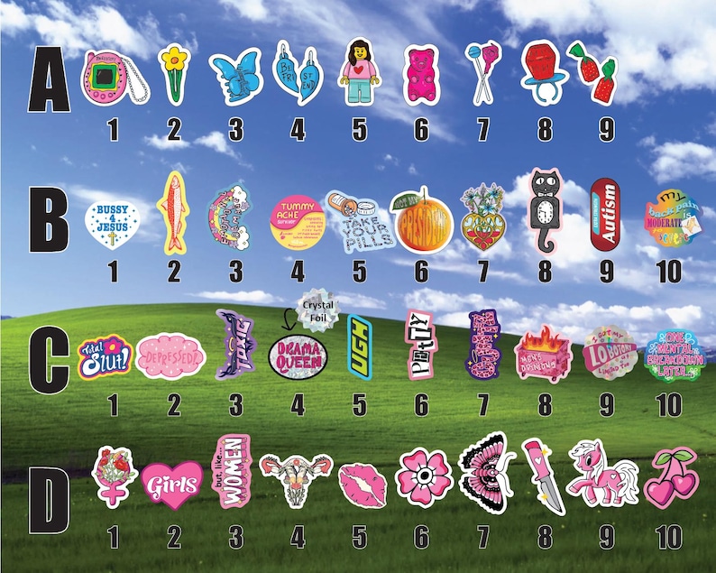 a collection of stickers with various designs and text, arranged in a grid format.