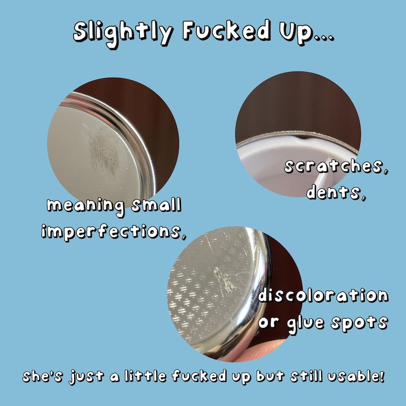 The image is a collage of three images showing a cup with small imperfections, scratches, and discoloration, along with a description of the cup's condition.