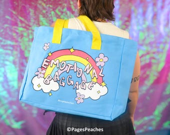 Emotional Baggage Canvas Tote Bag: Rainbow Design, Inner Pocket & Key Ring