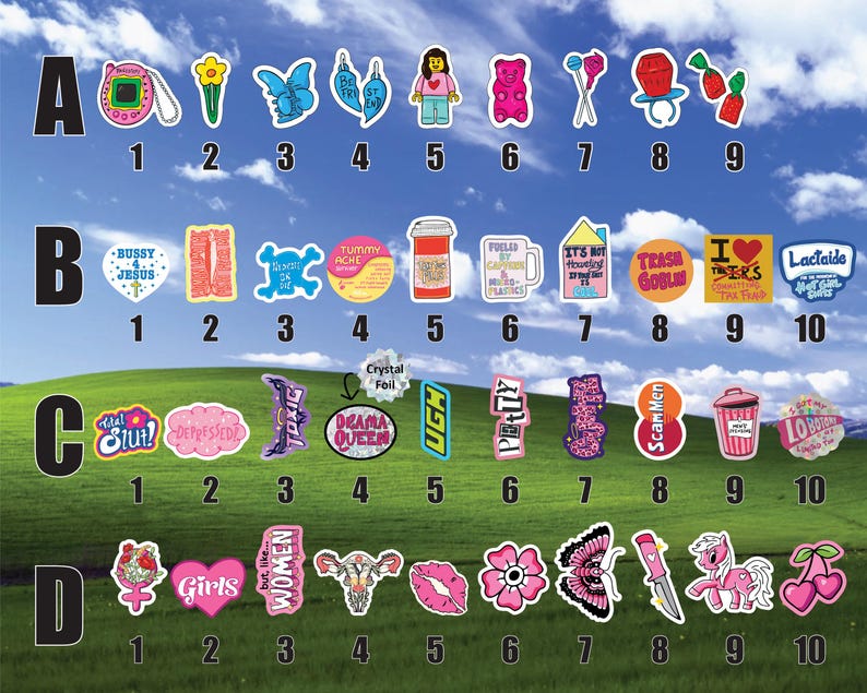 a collection of stickers with various designs and text, arranged in a grid format. The stickers are displayed against a backdrop of a grassy field under a blue sky with clouds.