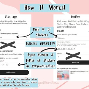 The image is a screenshot of a website's checkout process for a Halloween-themed mini vinyl sticker set. It shows the user selecting the number of stickers they want to purchase and adding them to their cart.