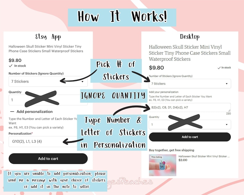 The image is a screenshot of a website's checkout process for a Halloween-themed mini vinyl sticker set. It shows the user selecting the number of stickers they want to purchase and adding them to their cart.