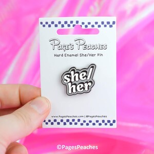 She Her Pronoun Pin, Small Silver Hard-Enamel Lapel, Wearable Badge With Rubber Clutch, For Work Or School| 1 x 0.8 image 2