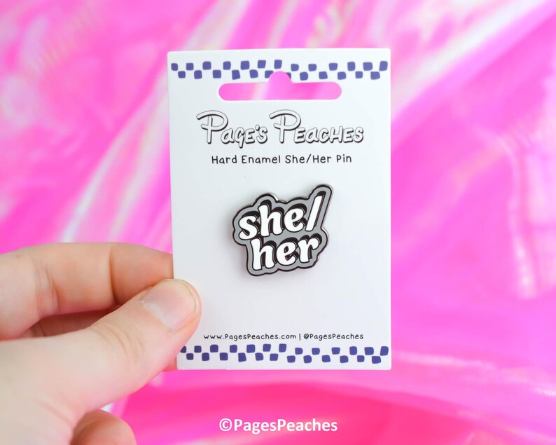 She Her Pronoun Pin, Small Silver Hard-Enamel Lapel, Wearable Badge With Rubber Clutch, For Work Or School| 1 x 0.8 image 2
