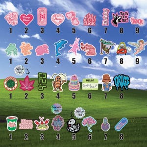 a collection of colorful stickers with various designs and text, arranged in a grid-like pattern. The stickers are spread across the image, creating a visually engaging collage.