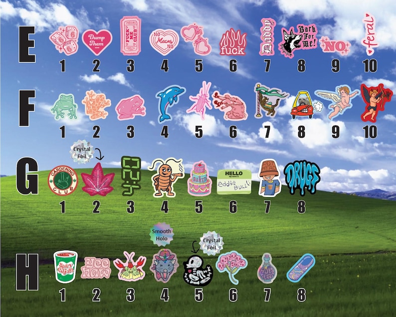 a collection of colorful stickers with various designs and text, arranged in a grid-like pattern. The stickers are spread across the image, creating a visually engaging collage.