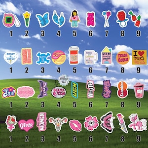 a collection of stickers with various designs and text, arranged in a grid format. The stickers are displayed against a backdrop of a grassy field under a blue sky with clouds.